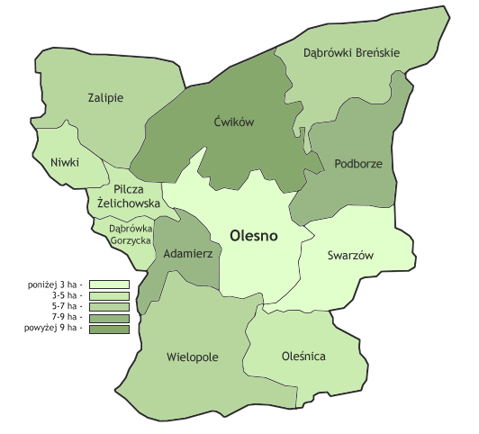 Średnie powierzchnie gospodarstw rolnych w gminie Olesno